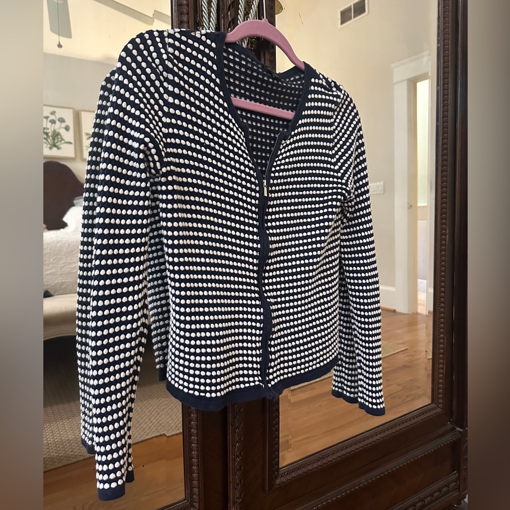 Ann Taylor Navy and White Polka Dot Knit Cardigan